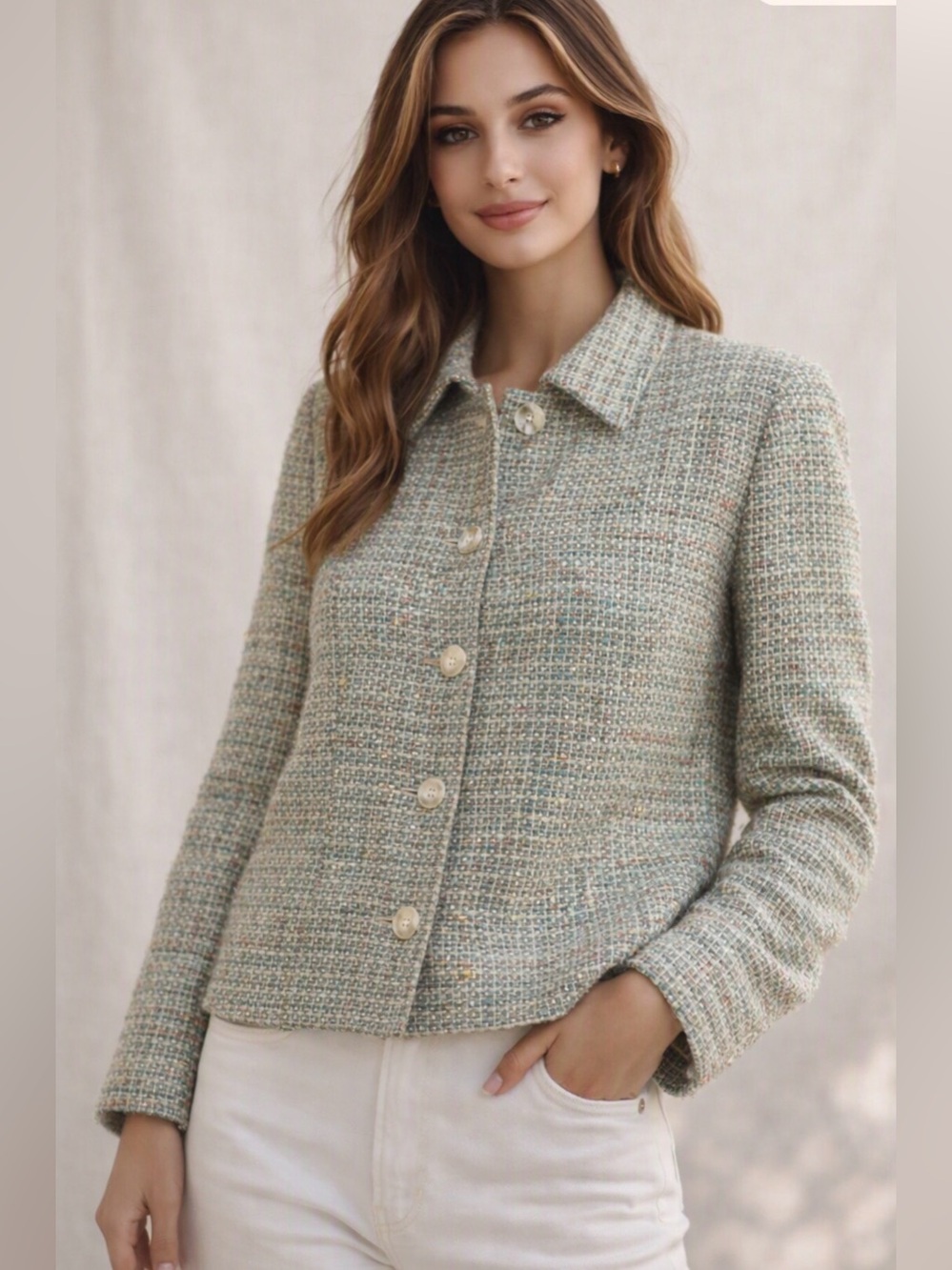 Jones New York Tweed Button-Up Jacket in Light Sage